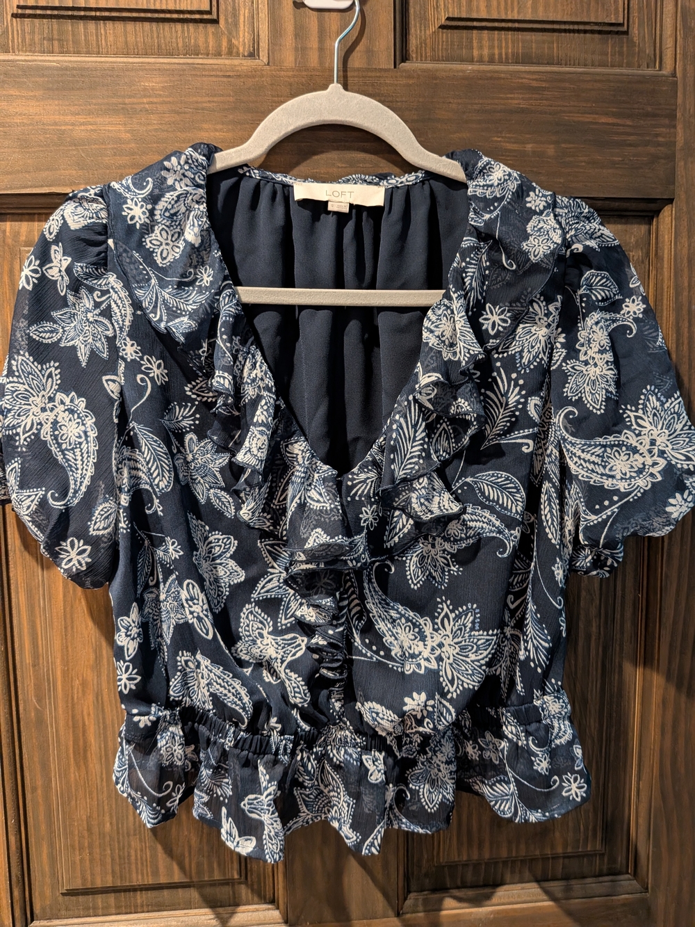 LOFT Navy Blue Paisley Ruffle Short Sleeve Top